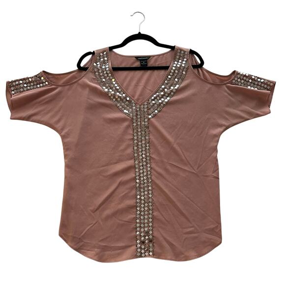 Moda International Tops - MODA International Women’s Tan Sequin Cold Shoulder Blouse Top Size Medium